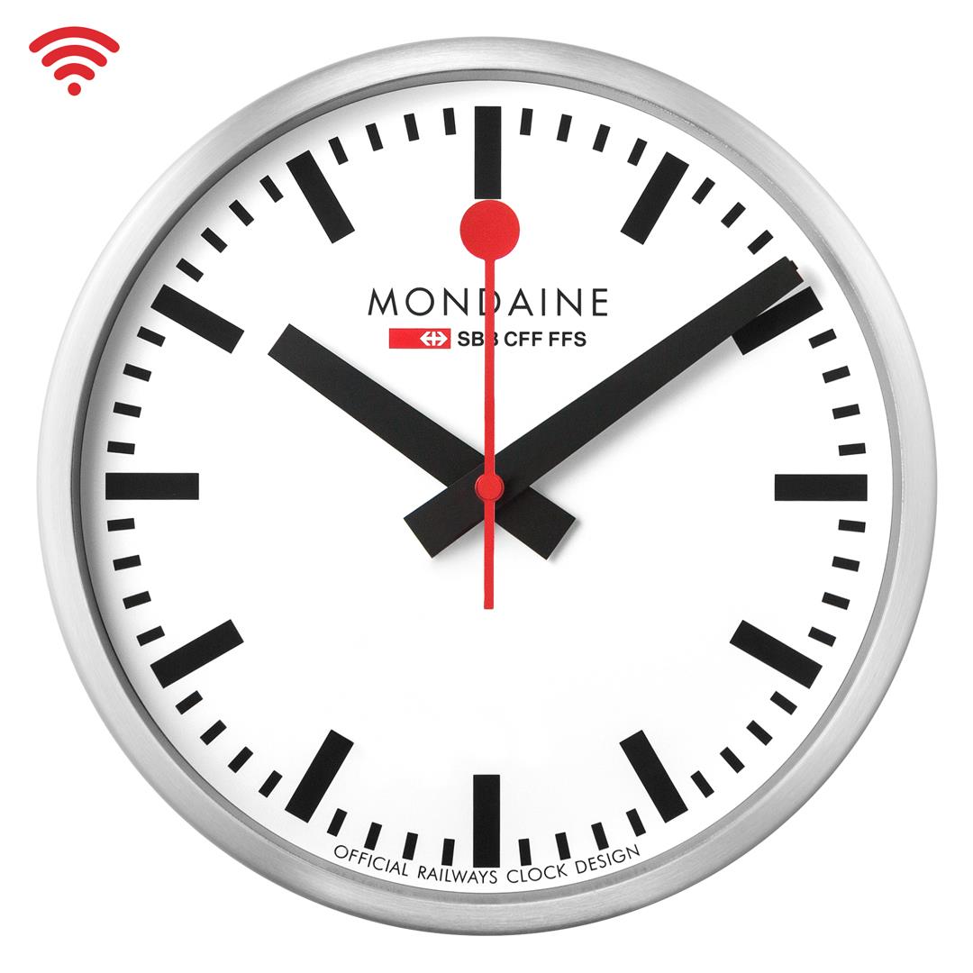 Round Wi-Fi wall clock with white dial, black hands and numerals, red center seconds, silver case