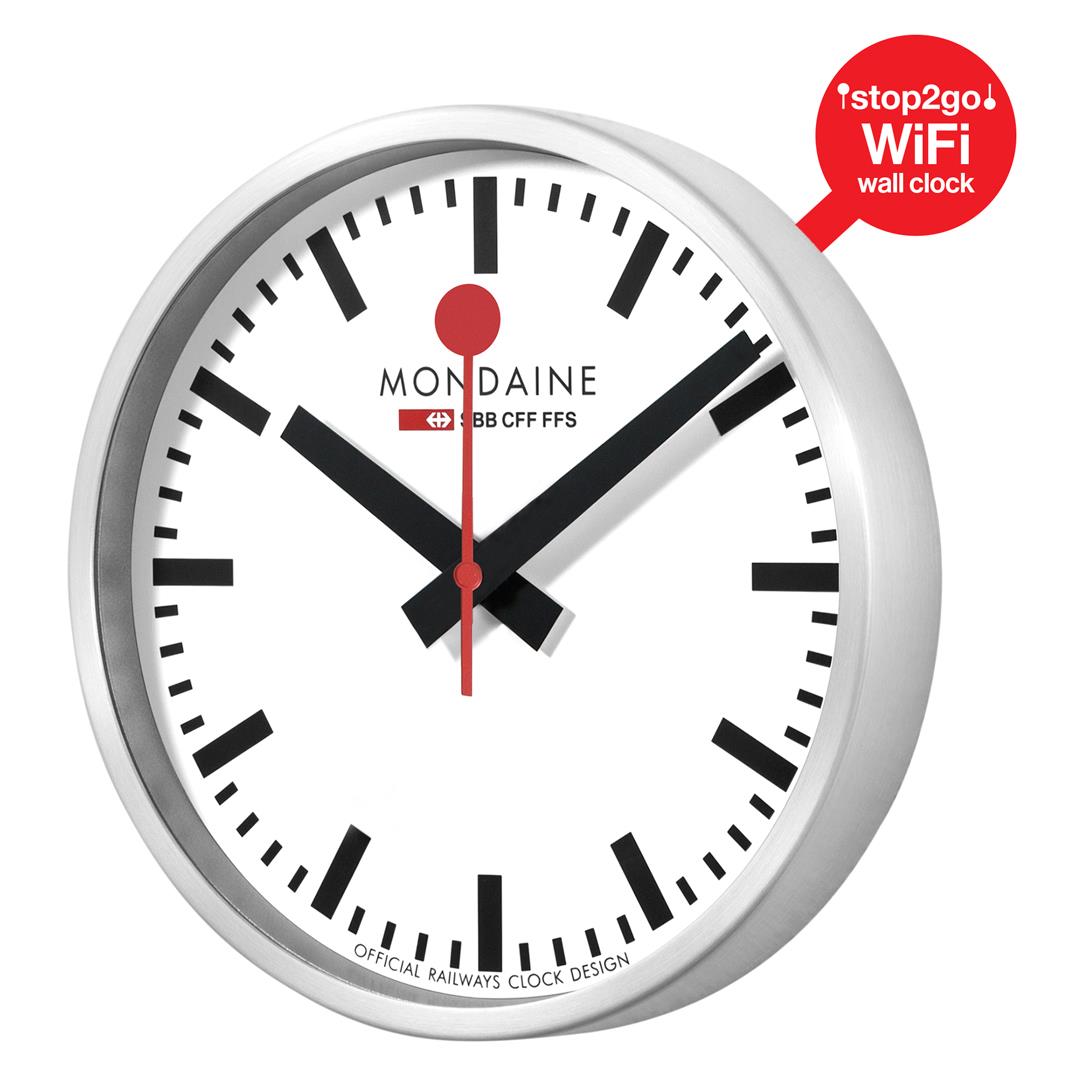 Stop2go! WiFi wall clock with white dial, black hands and numerals, red center seconds, silver case