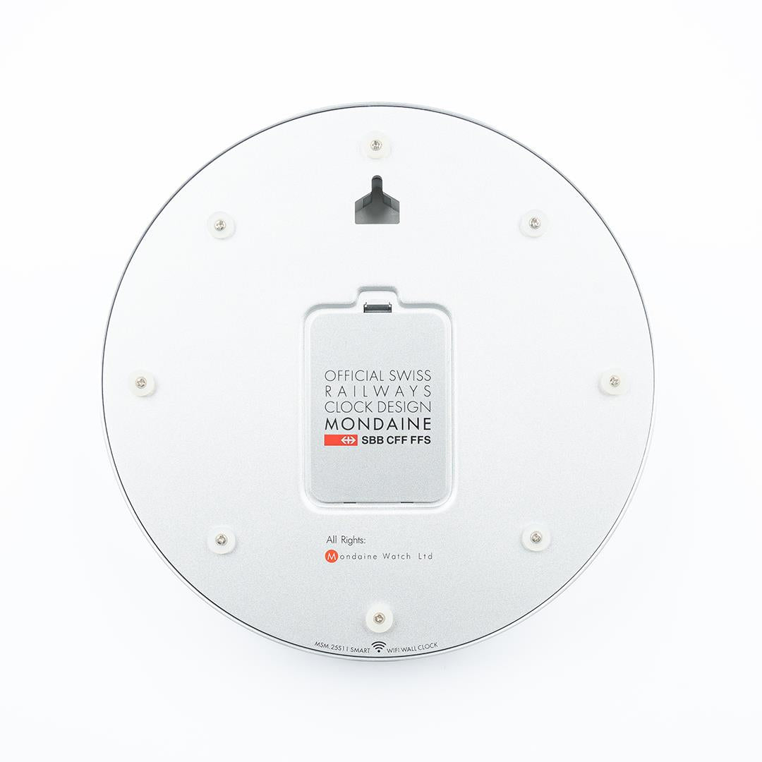 Round clock back plate with mounting hardware and official label, silver metal finish