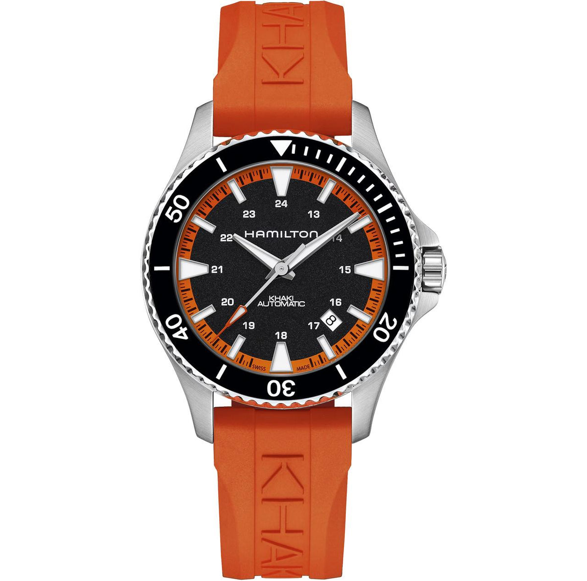 Hamilton Khaki Navy 40mm H82395331 black dial and orange rubber strap front view