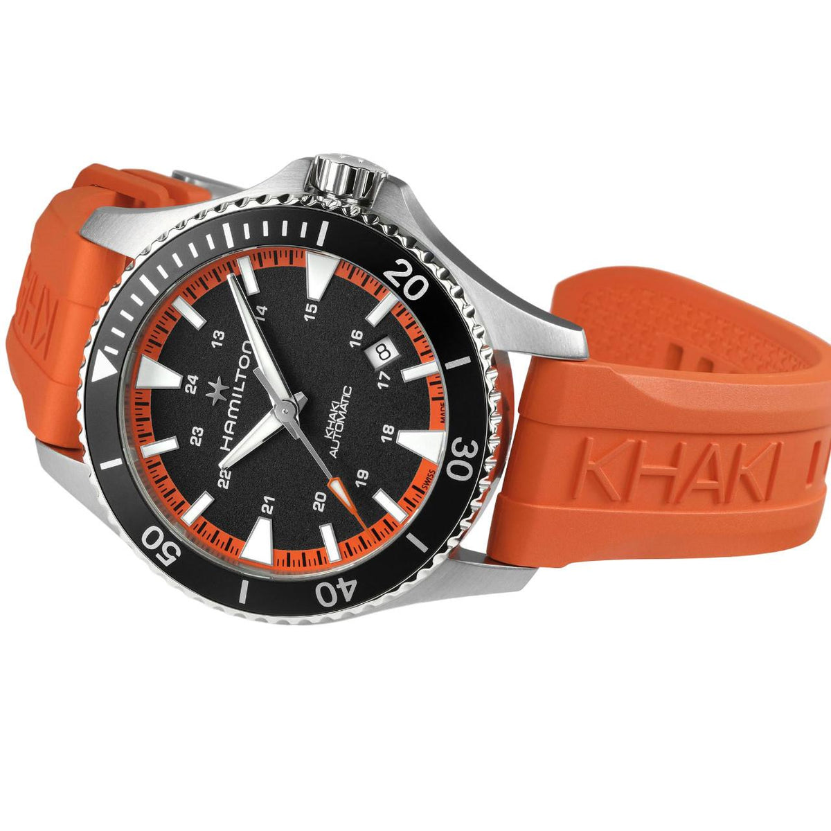 Hamilton Khaki Navy H82395331 side perspective dial and strap view