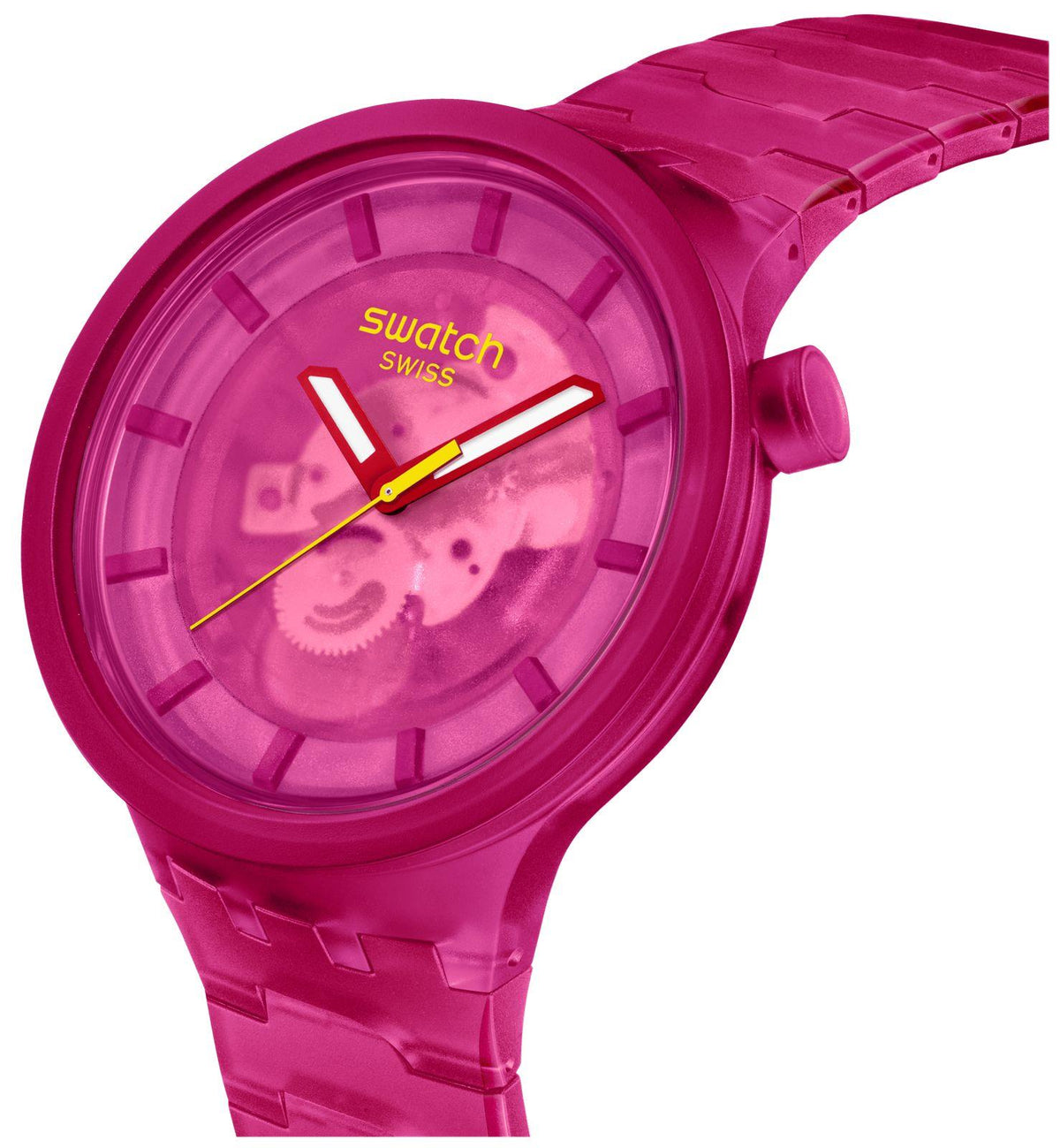 Pink Joy bio-sourced watch, pink dial with Swatch Swiss logo and pink strap