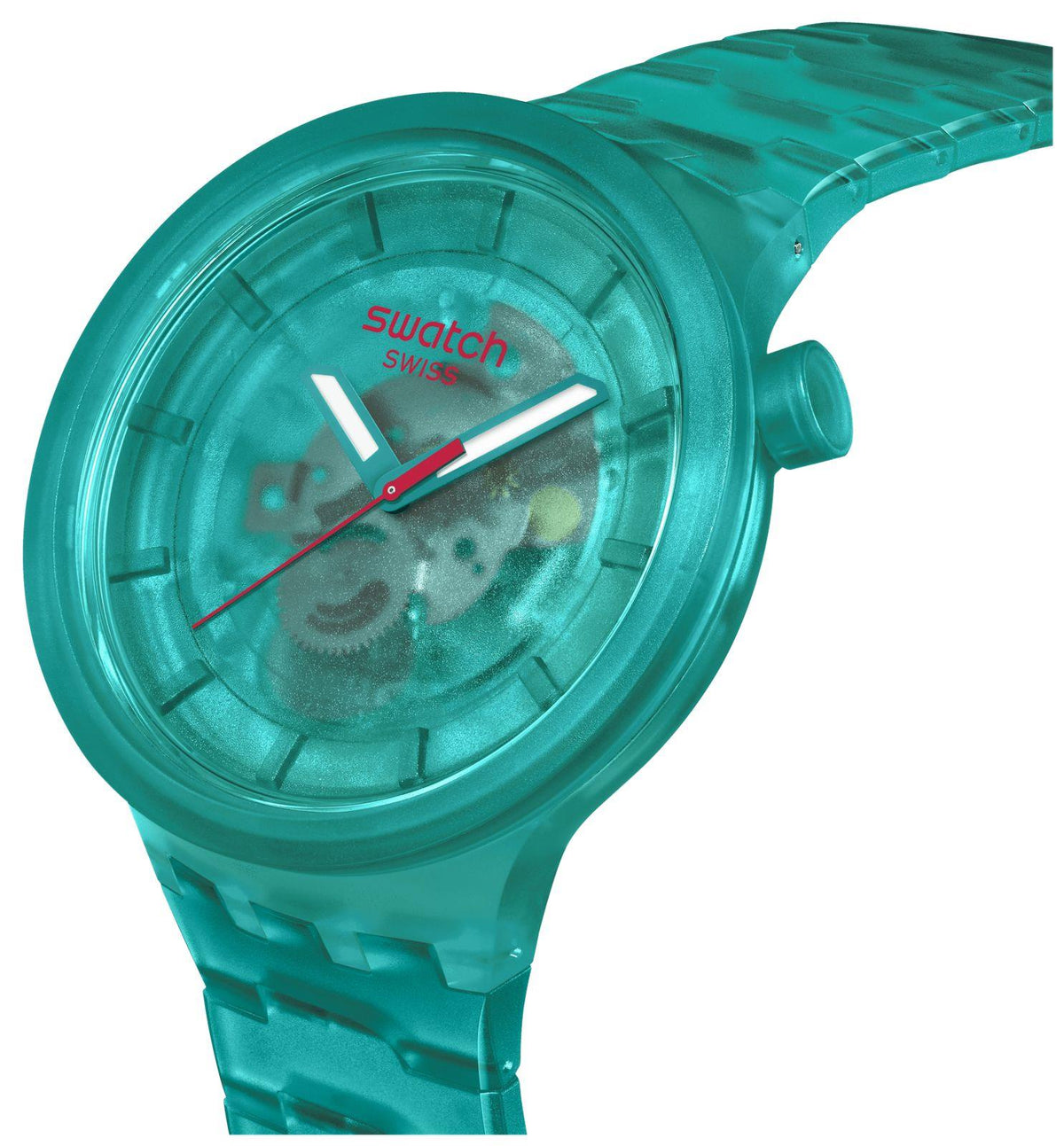 Turquoise wristwatch with clear case, three-hand dial and textured bezel