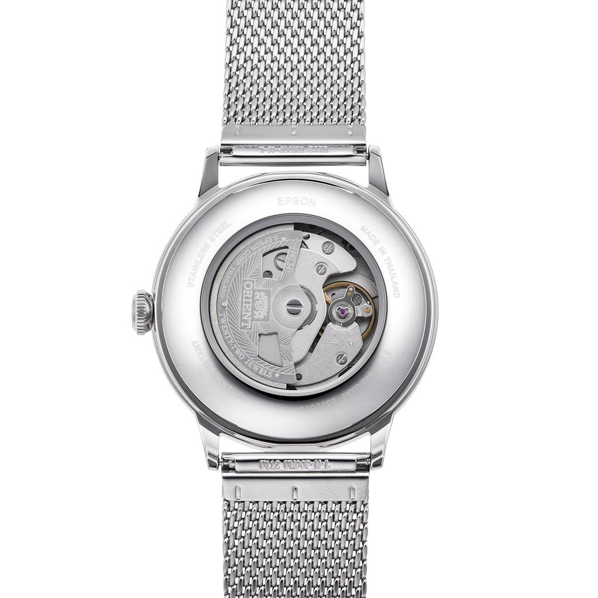 Men's automatic watch with silver mesh bracelet and open caseback view