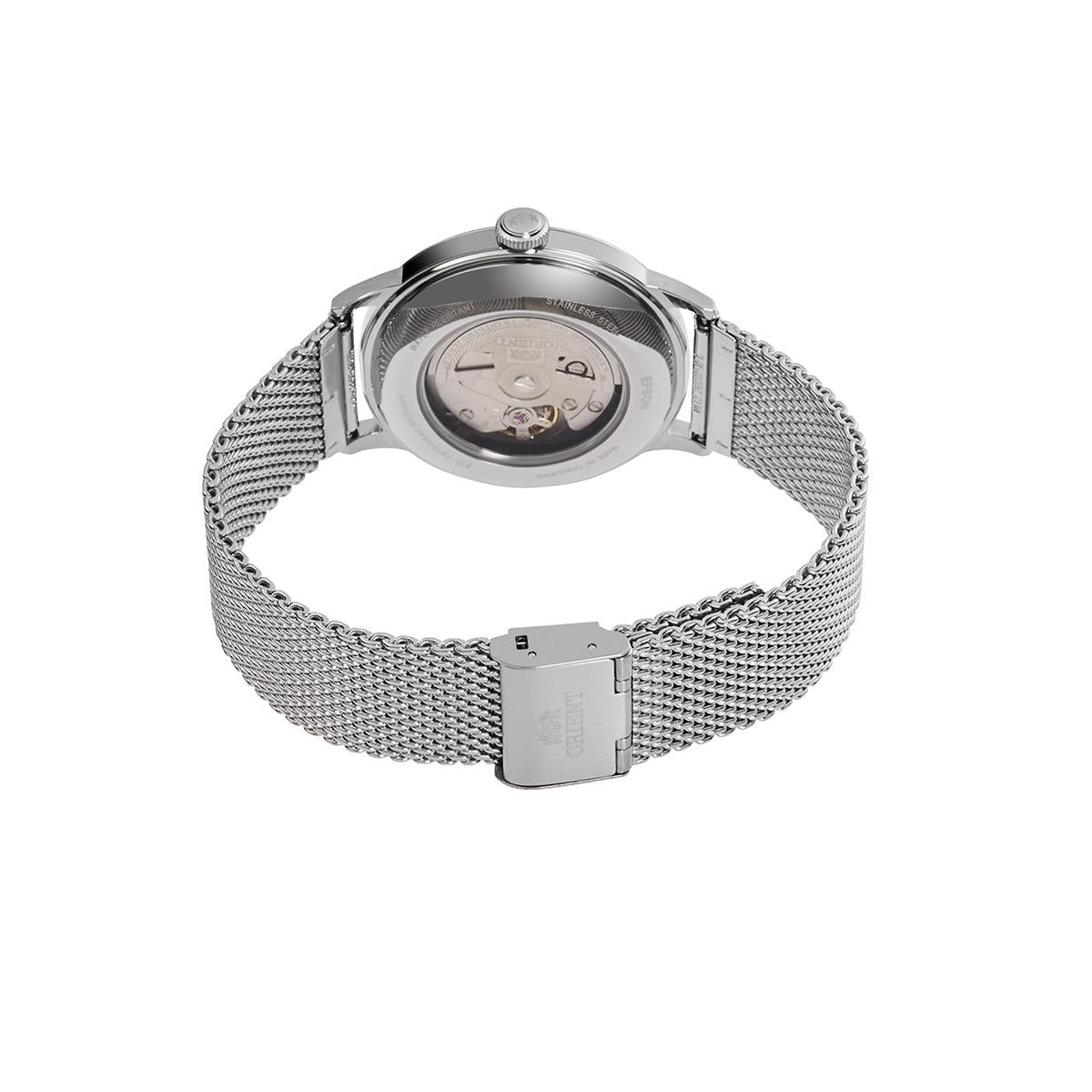 Men's automatic watch with silver mesh bracelet and metal clasp