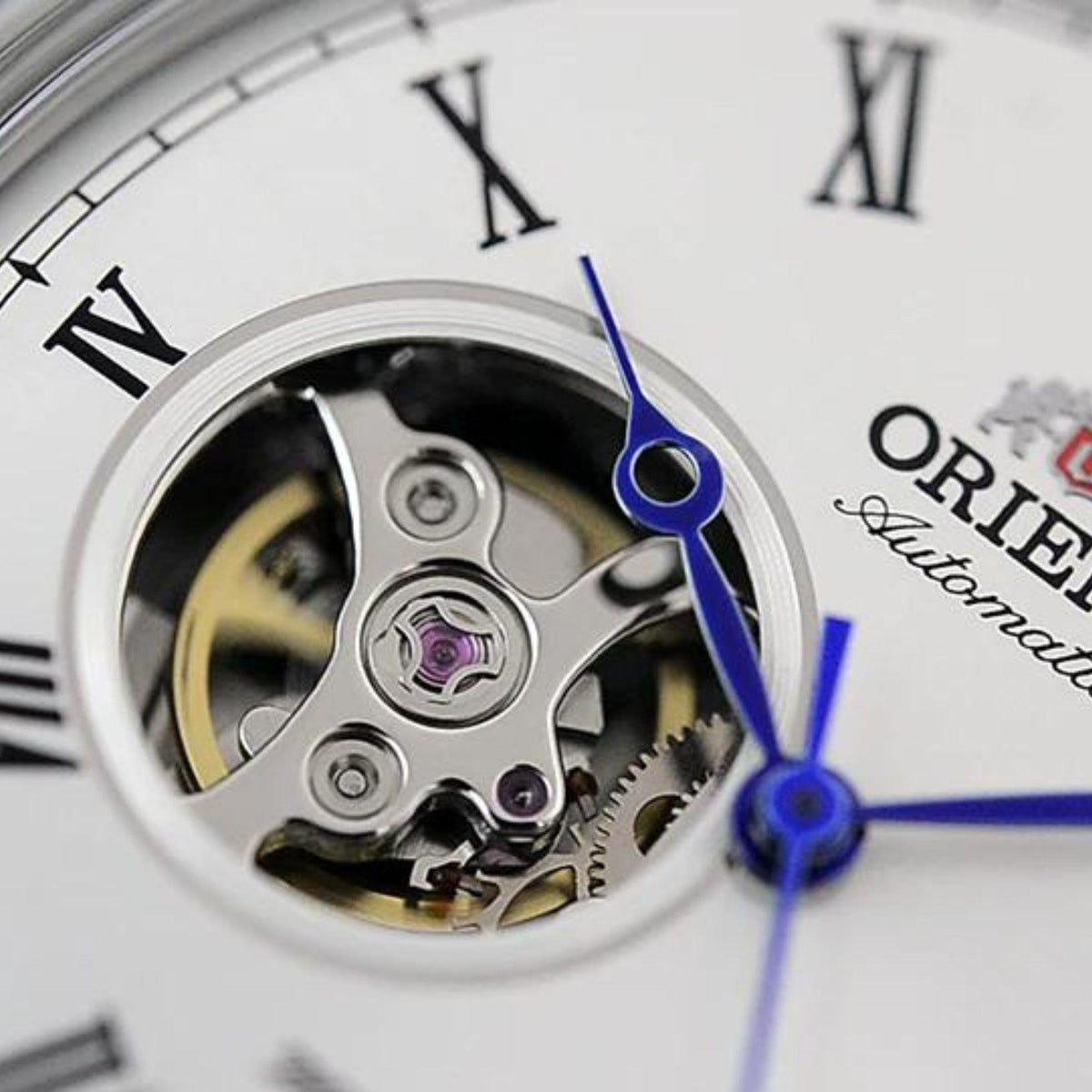 Open-heart automatic watch movement on white dial with blue hands and gears