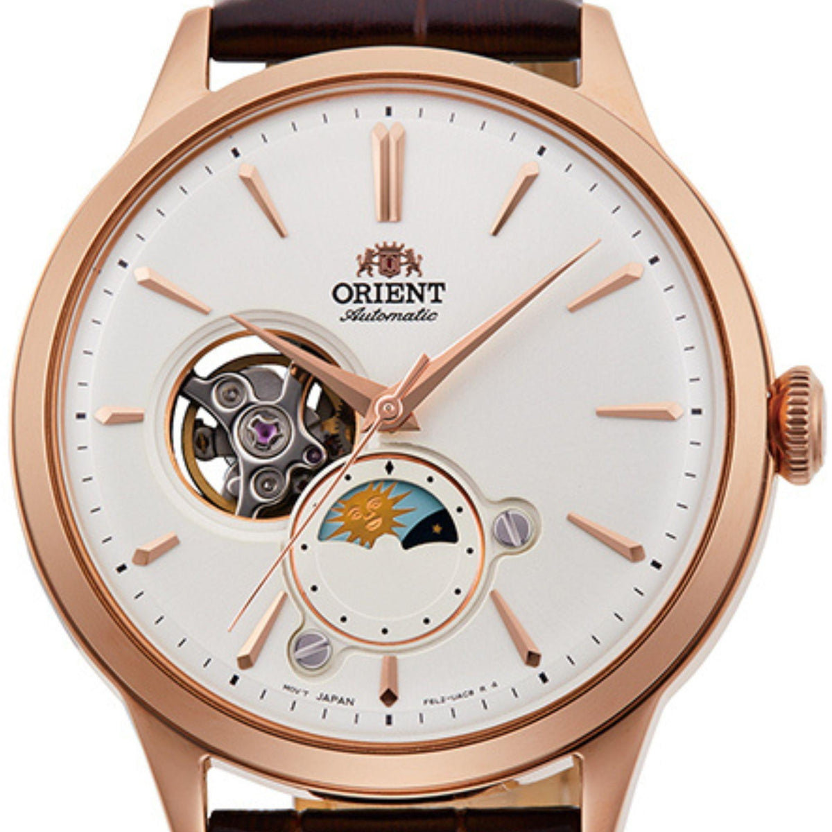 Men's automatic watch with white dial, gold-tone case, leather strap, visible skeleton movement
