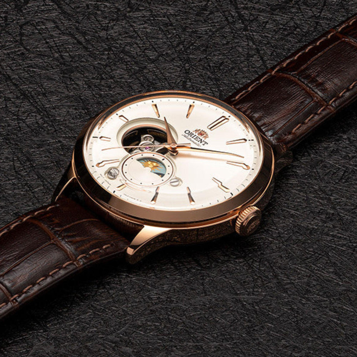 Men's automatic watch on brown leather strap, white dial with sun-moon window and gold hands