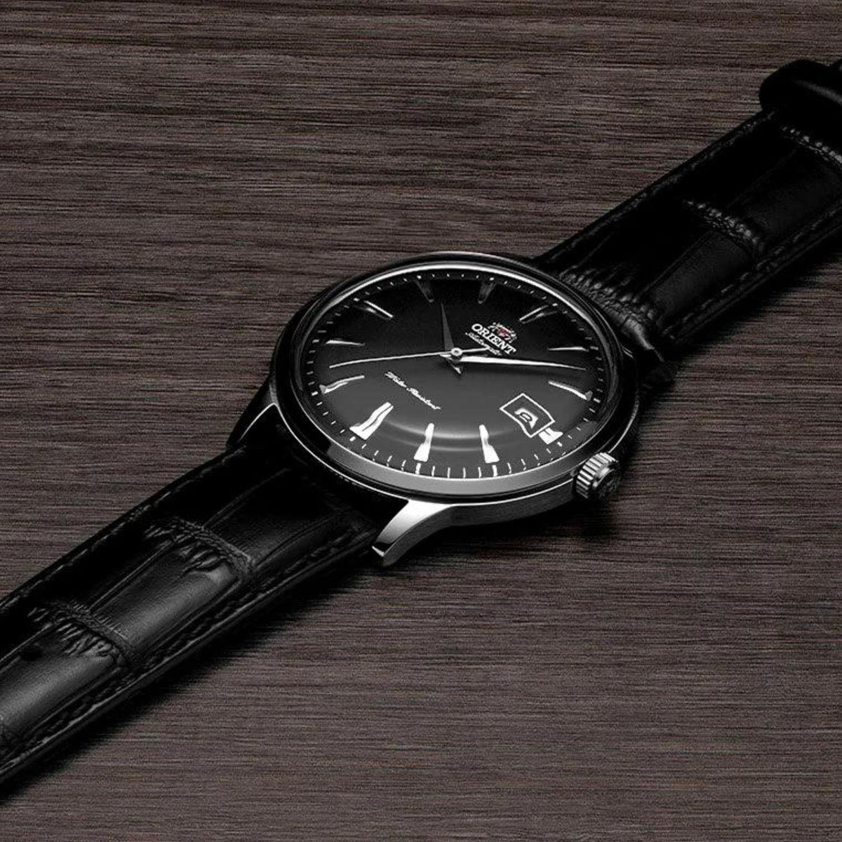 Orient Bambino 41mm automatic watch on black leather strap, black dial with date marker