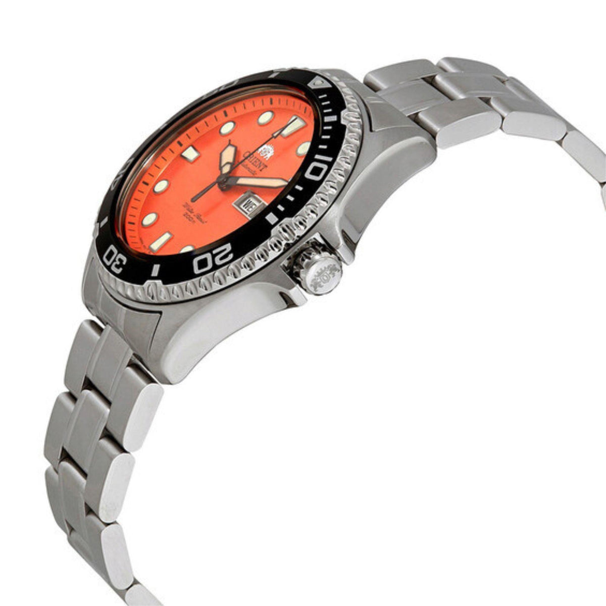 Men's automatic steel watch with orange dial and black bezel, side crown detail