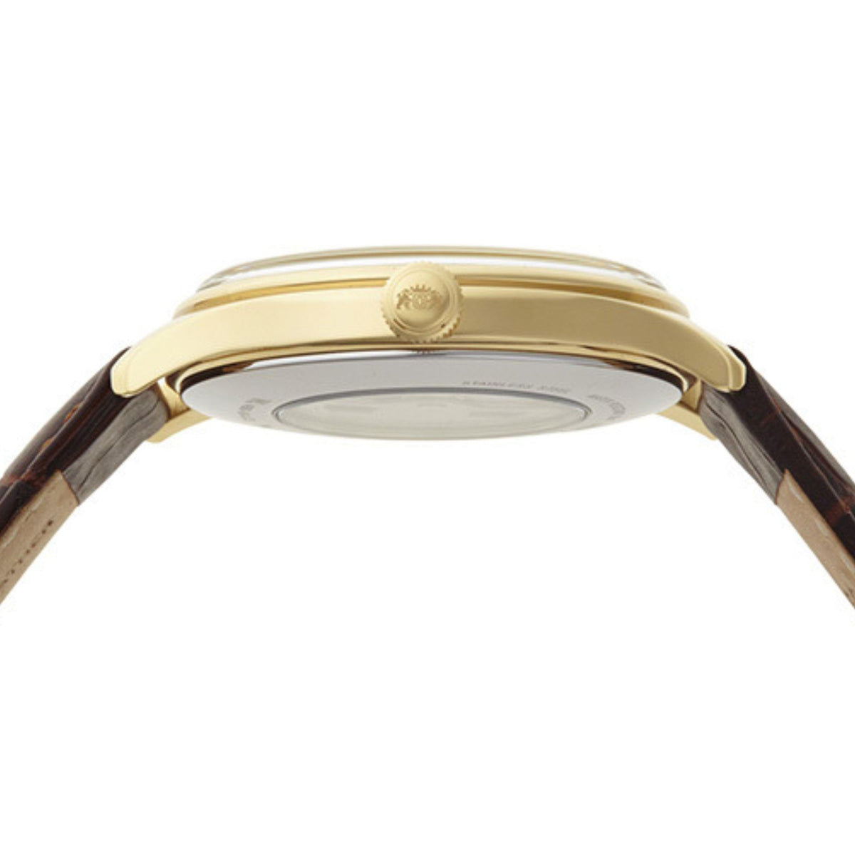 Round gold watch case top with crown and brown leather strap, clean bezel view