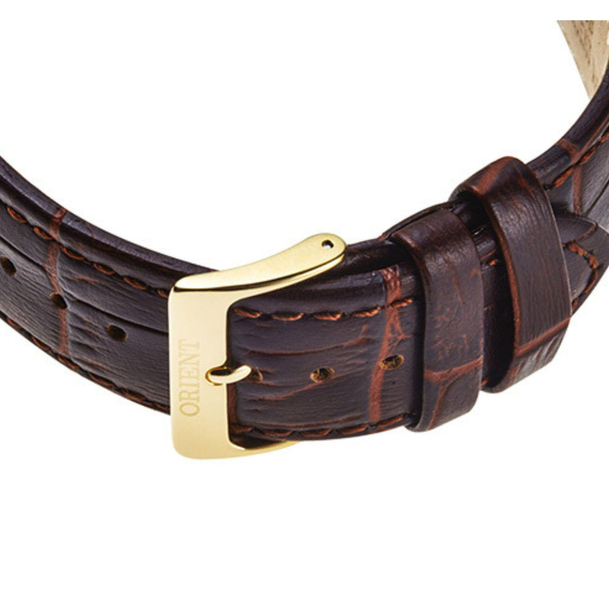 Brown leather watch strap with gold-tone buckle and stitched keeper loop