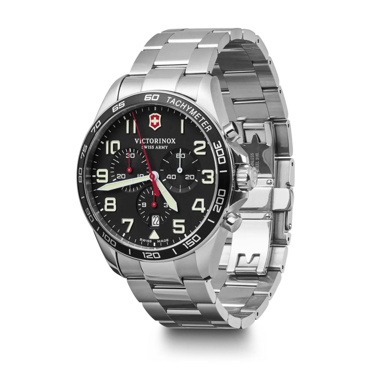Men’s steel chronograph watch with black dial, tachymeter bezel, and linked metal bracelet.