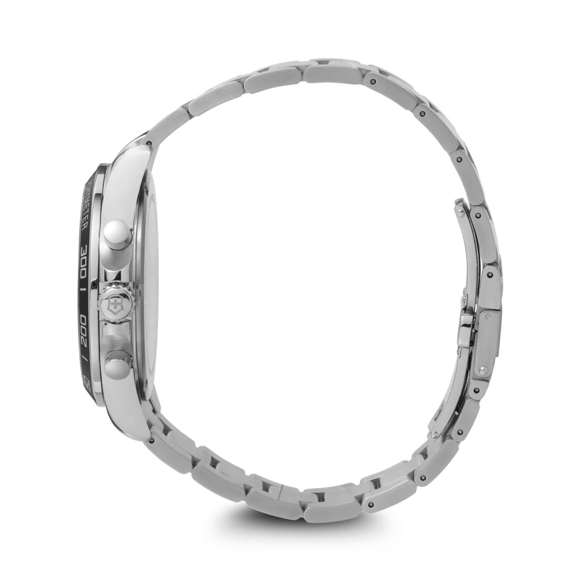 Stainless steel watch with linked bracelet and side buttons on the case.