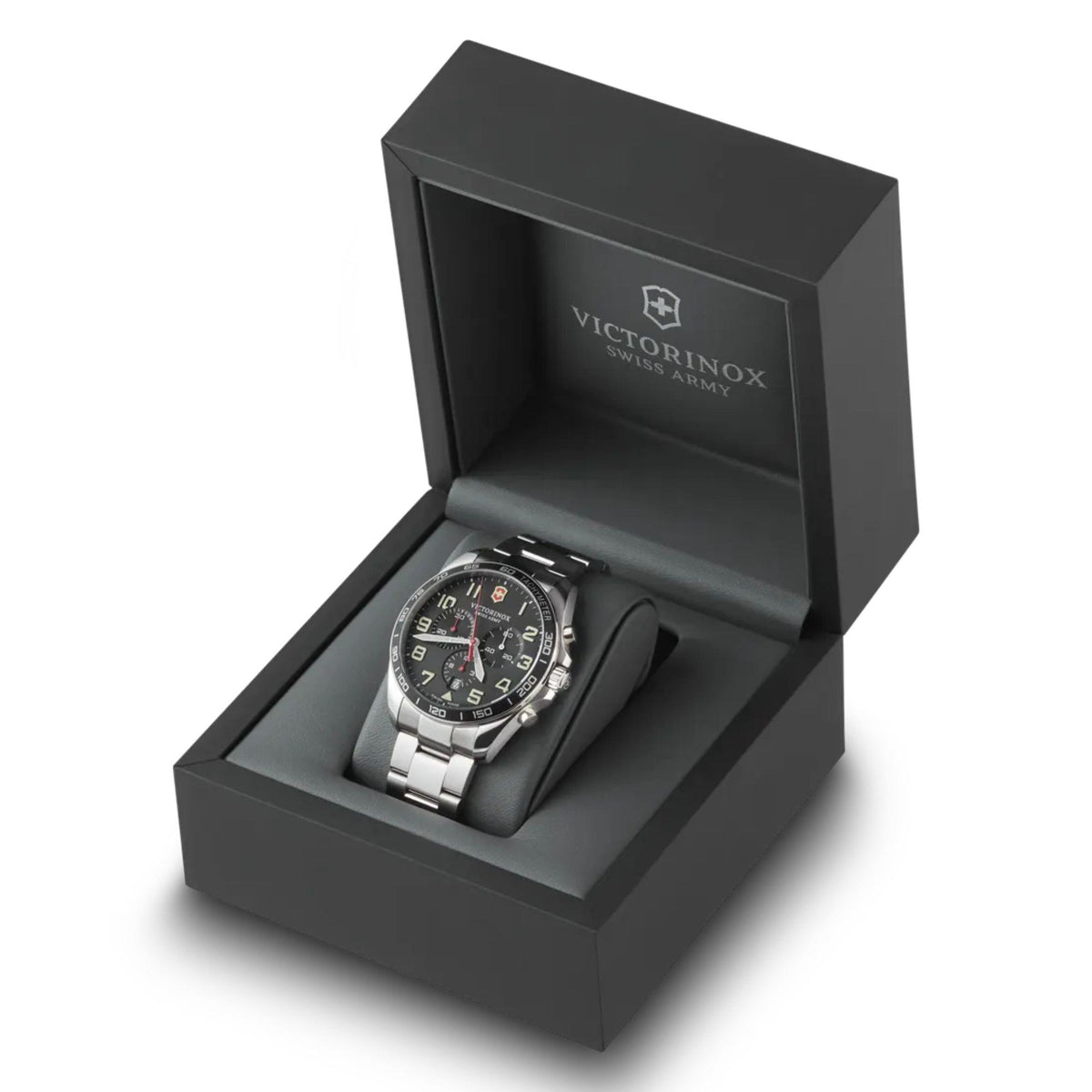 Men’s steel chronograph watch with black dial in a gift box, metal bracelet visible.