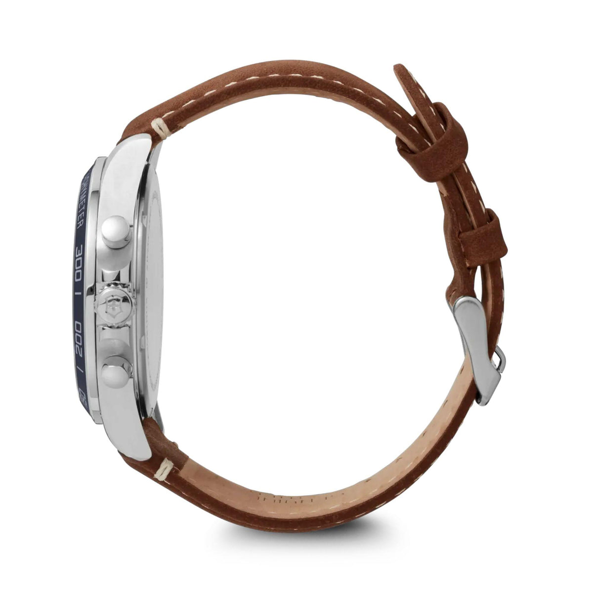 Men's Victorinox chronograph watch side view with brown leather strap