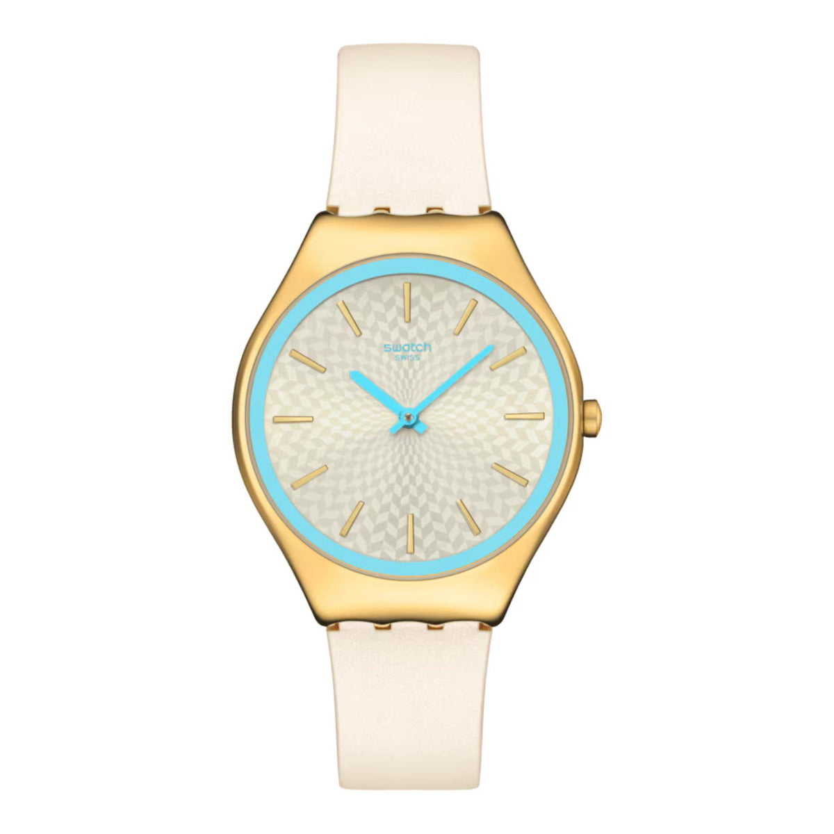 Ivory silicone watch with gold-tone case, blue bezel ring, patterned ivory dial with baton hour marks