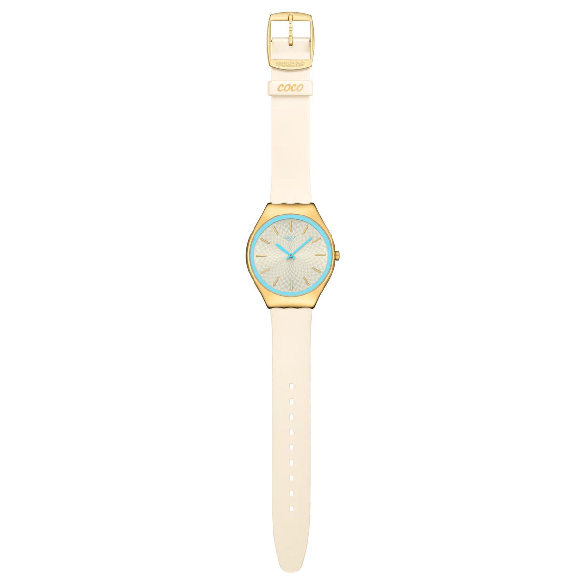 Ivory silicone watch with gold-tone rectangular top case and blue-accent dial