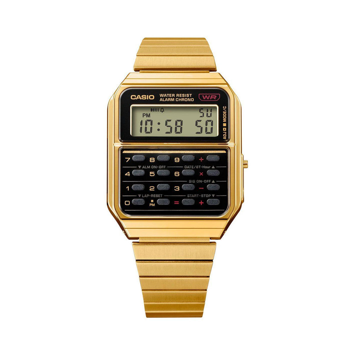 Gold-tone steel digital wrist watch with black LCD and calculator-style keypad