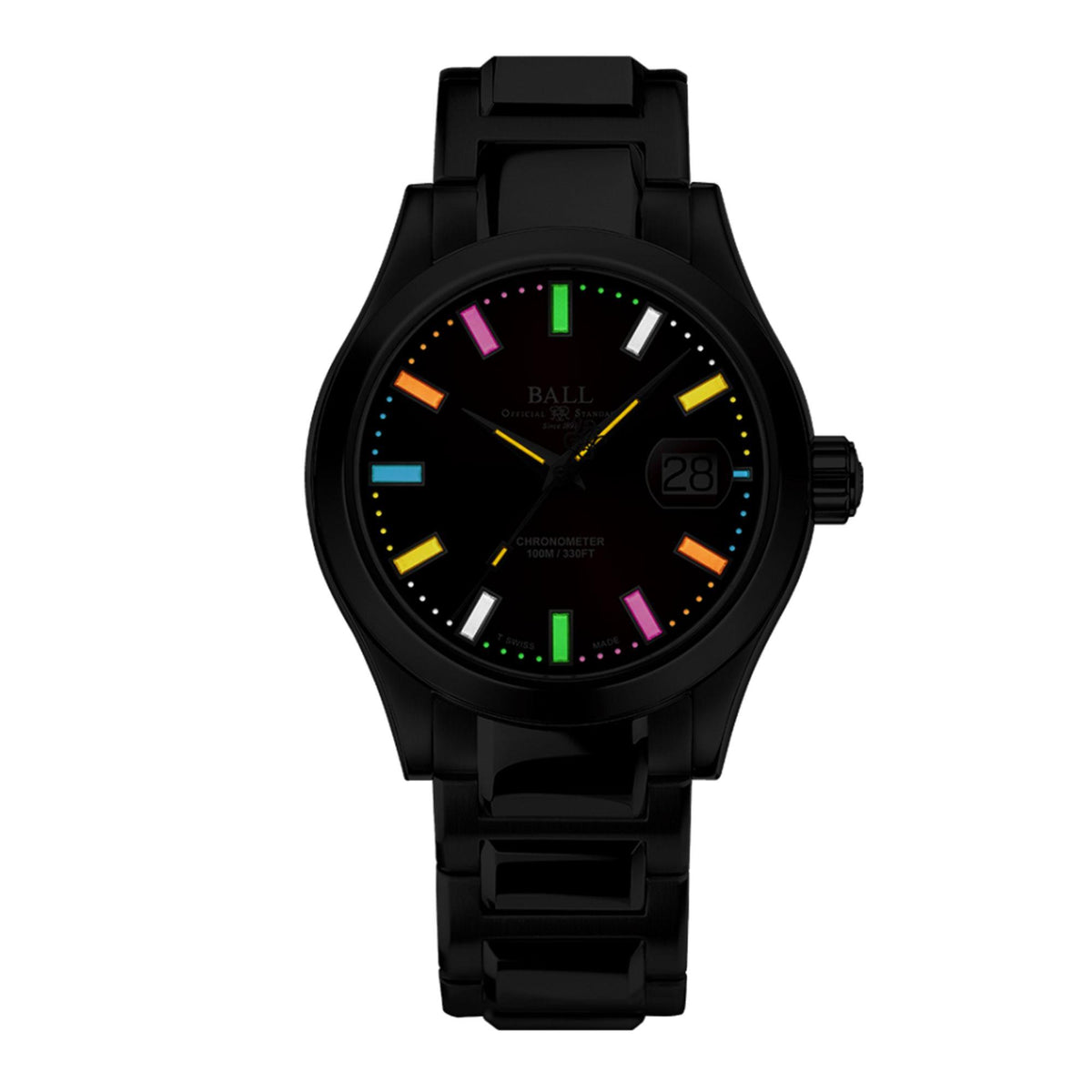 Men's black rubber wristwatch with rainbow luminous dial and date window.