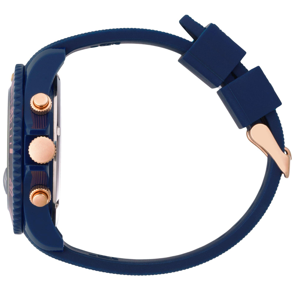 Men's chronograph watch side profile with blue silicone strap and rose-gold crown.