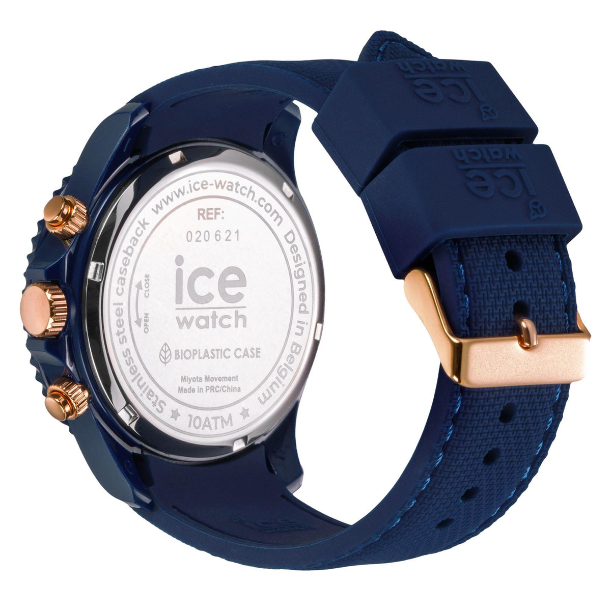 Men's chronograph watch case back with white text and blue silicone strap.