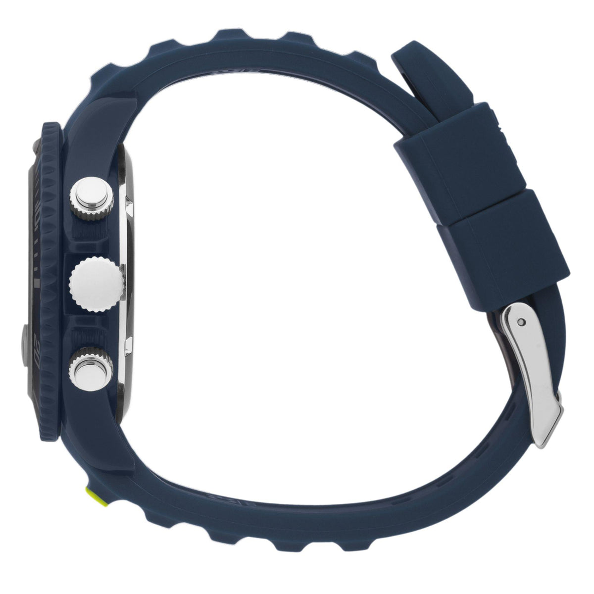 Blue silicone watch strap with metal case back buttons