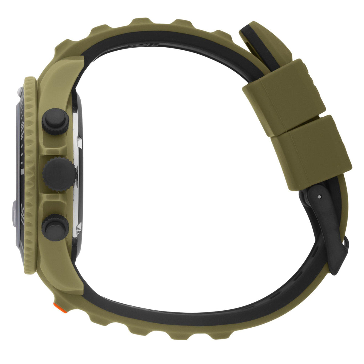 Khaki silicone watch strap with multiple adjustment holes and black underside.