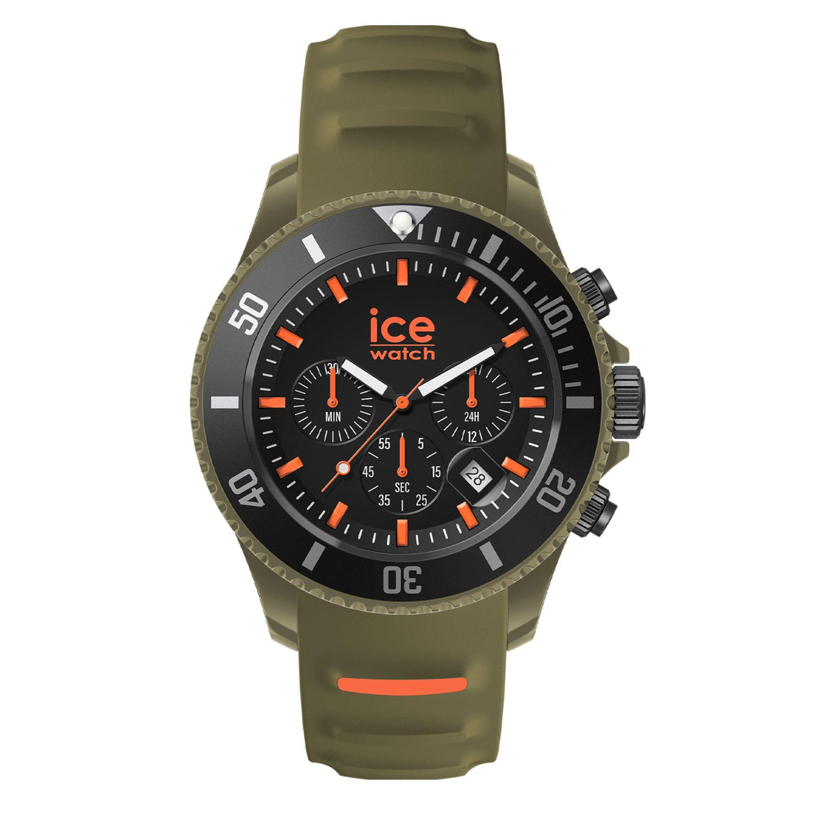 Khaki silicone chronograph watch front view; black dial with orange indices and subdials.