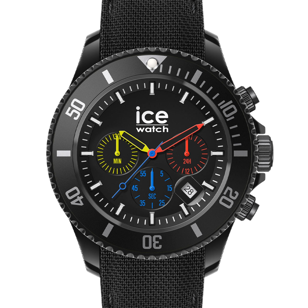 Black chronograph watch with multi-color dial and black silicone strap, knurled bezel.
