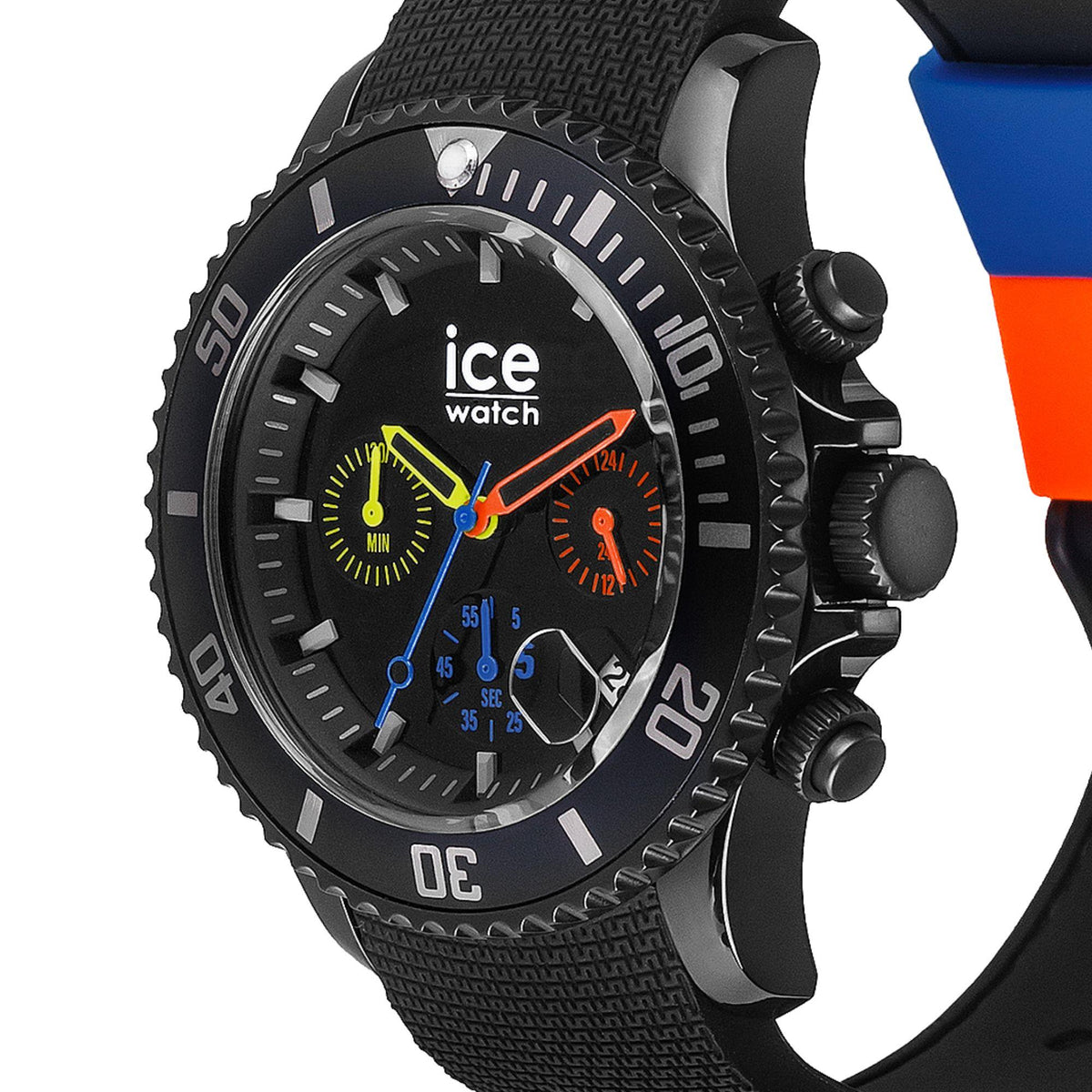 Black chronograph watch close-up with multi-color subdials and textured black bezel.