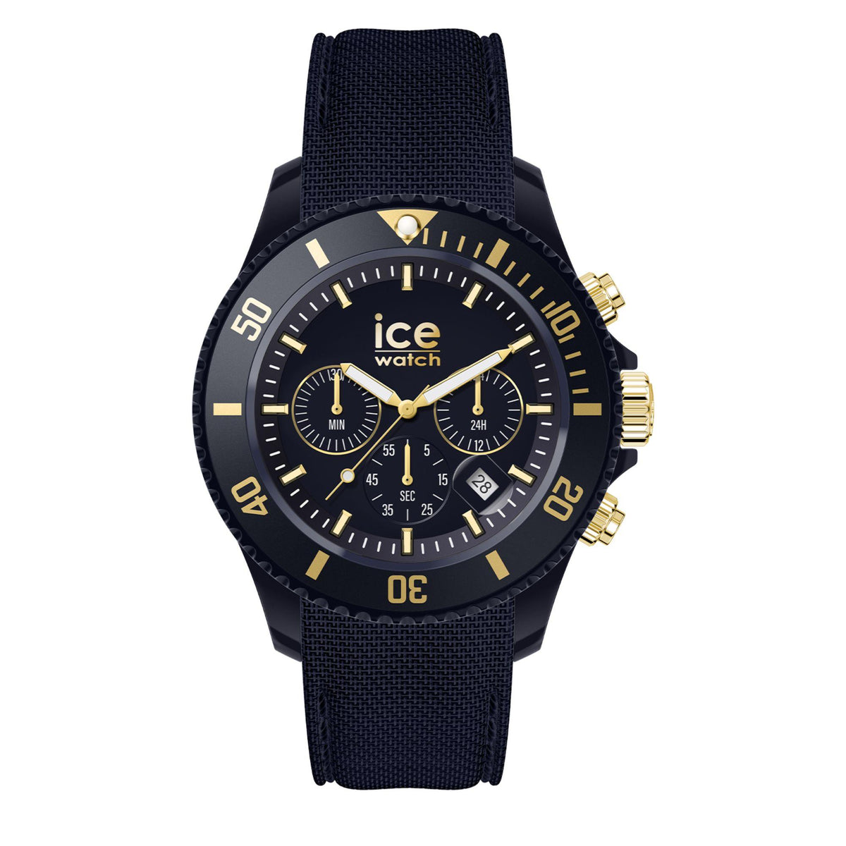 Dark blue dial chronograph watch with gold-tone bezel accents and navy silicone strap
