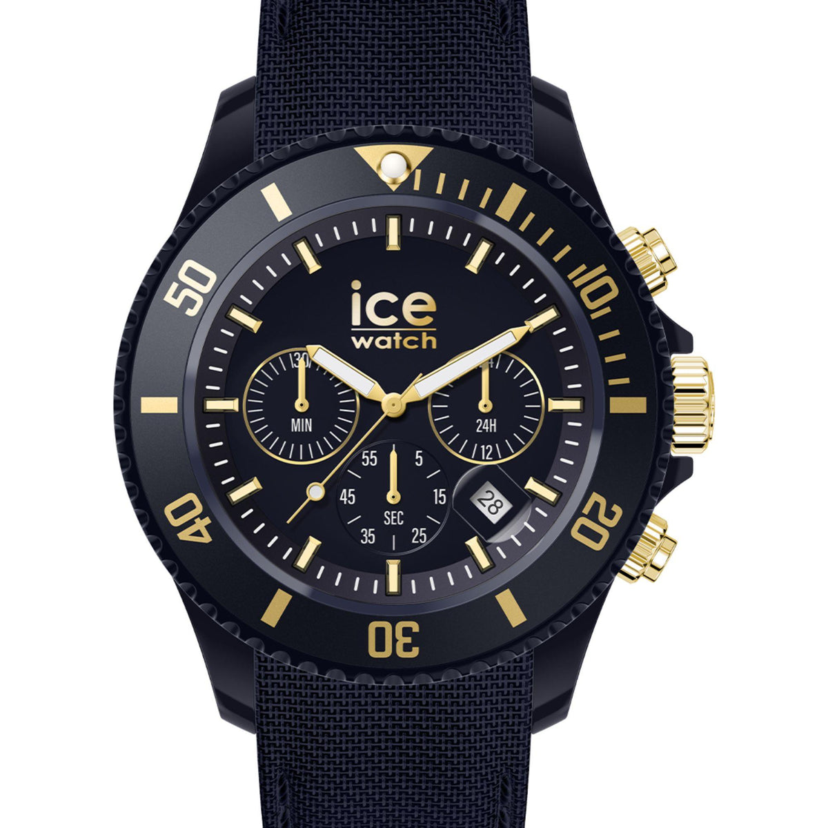 Dark blue dial chronograph watch with gold hands, subdials, and navy silicone strap