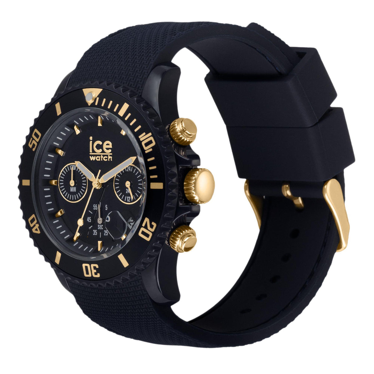Dark blue watch with navy fabric-texture strap and gold-tone side buttons, angled view