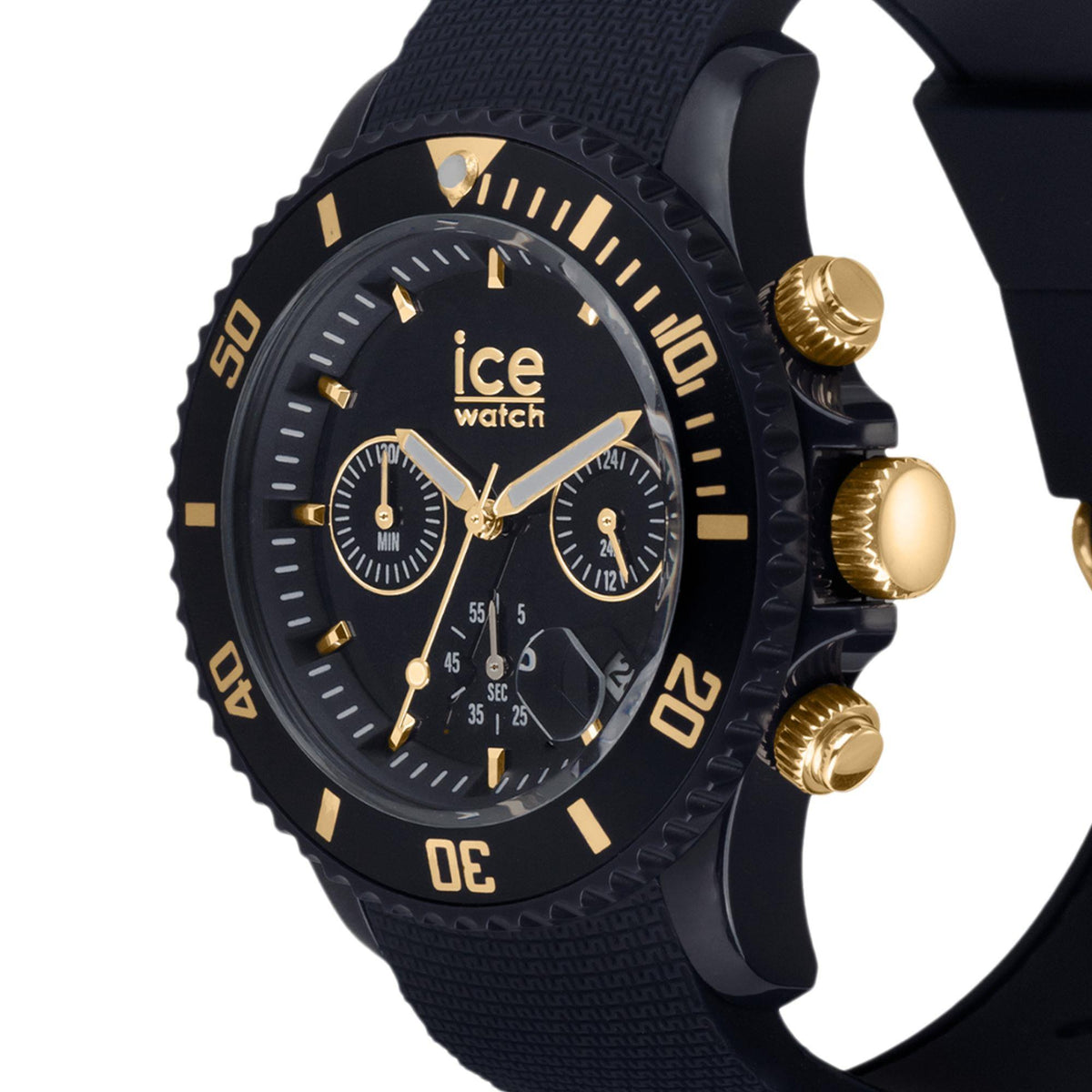 Dark blue dial watch with gold crown and pushers on navy silicone strap, side close-up