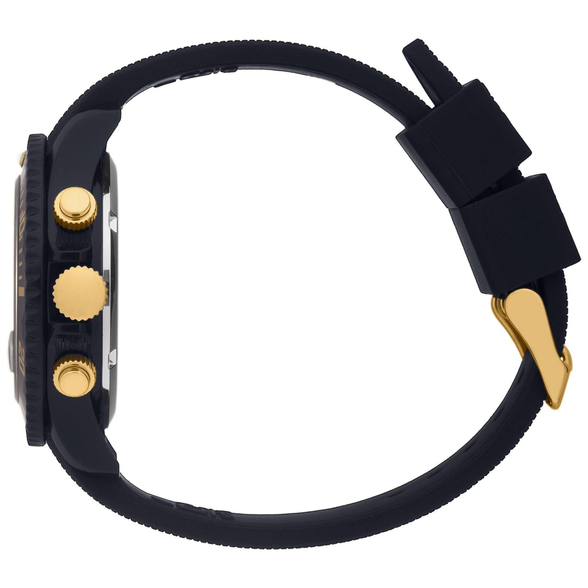Dark blue watch case side profile with gold crowns and navy silicone strap