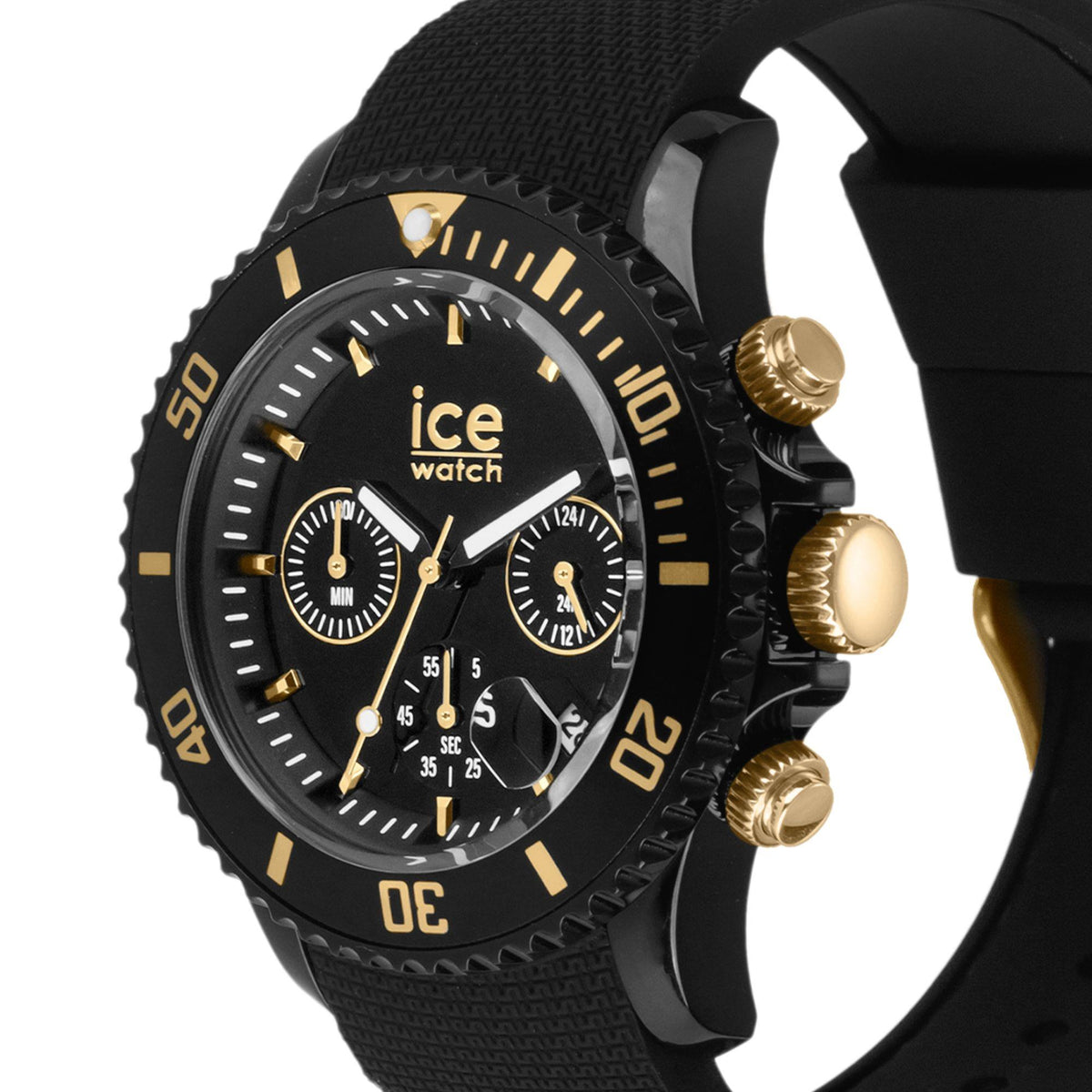 Men's black dial chronograph watch with three subdials, black silicone strap, gold-tone markers