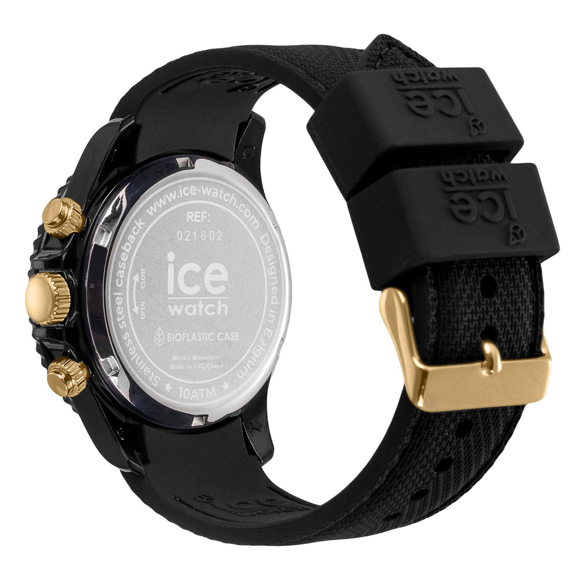 Men's black silicone strap watch with view of caseback, and gold-tone crown and pushers