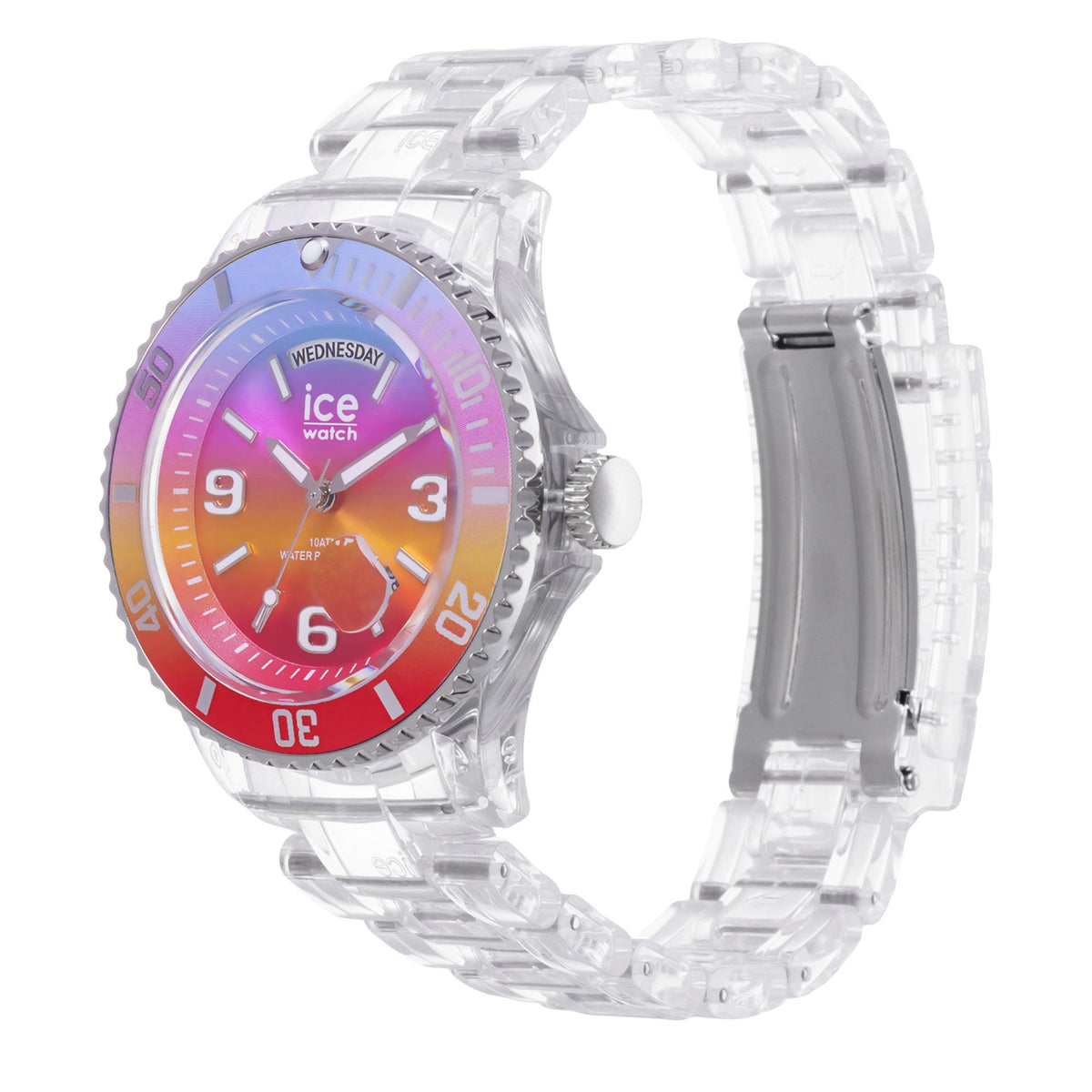 Wristwatch side view with clear silicone strap and multicolor orange-pink-red dial