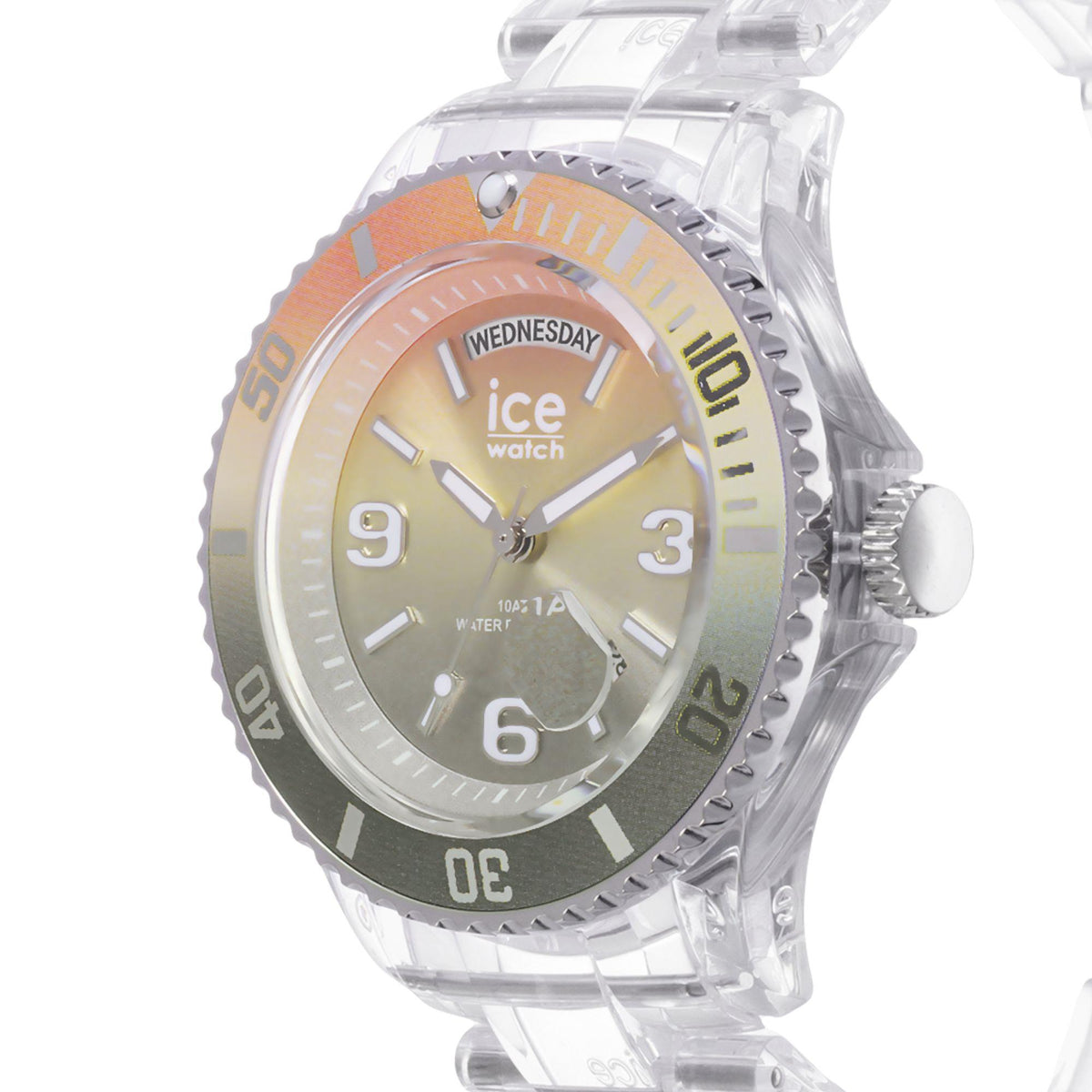 Clear silicone strap watch with multicolor sunset dial and bold Arabic numerals