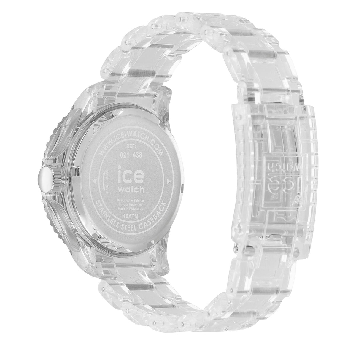 Clear silicone strap watch with engraved round case back and visible dial face