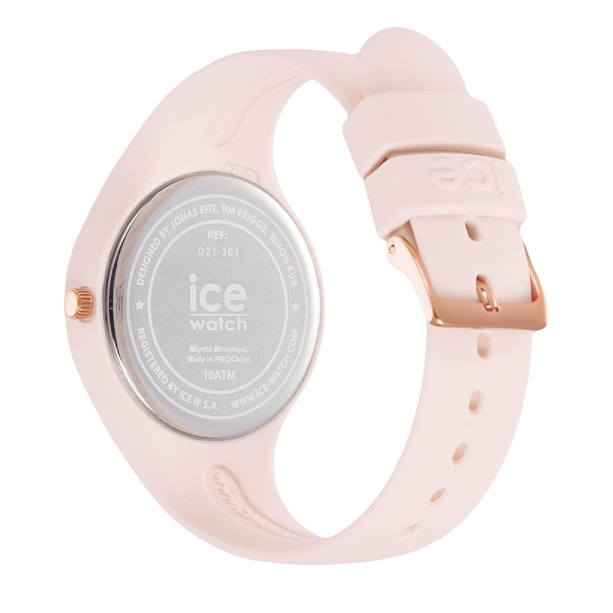 Nude silicone strap watch showing case back with ice watch logo and reference details