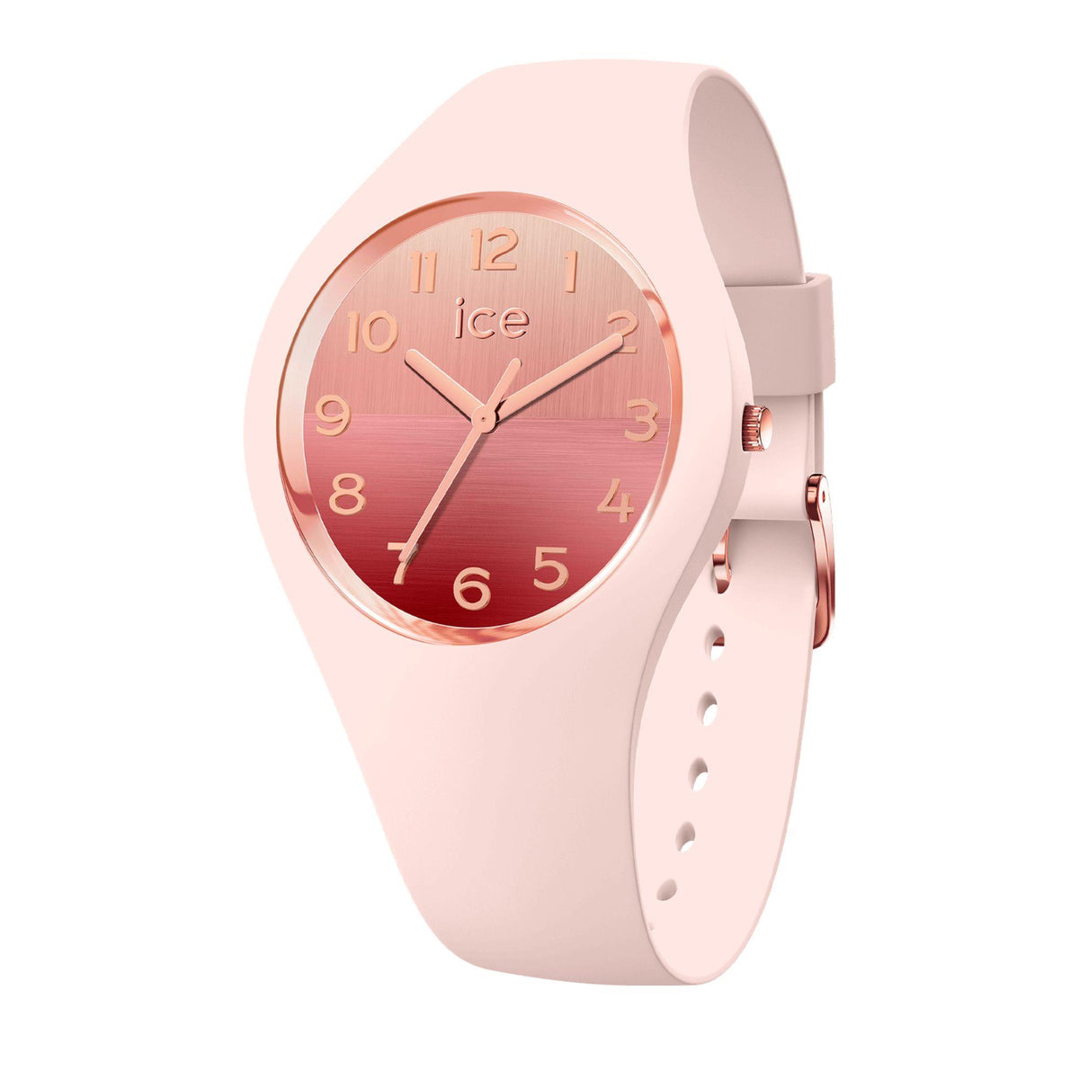 Rose nude gradient dial watch with round bezel and silicone strap, crown on right