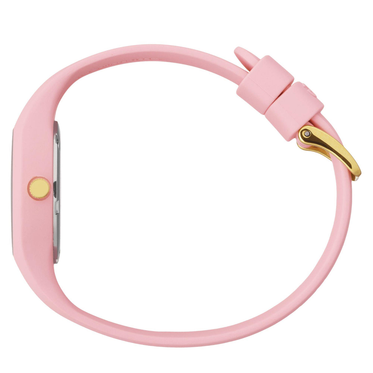 Pink silicone watch strap with gold clasp and round case on wristband