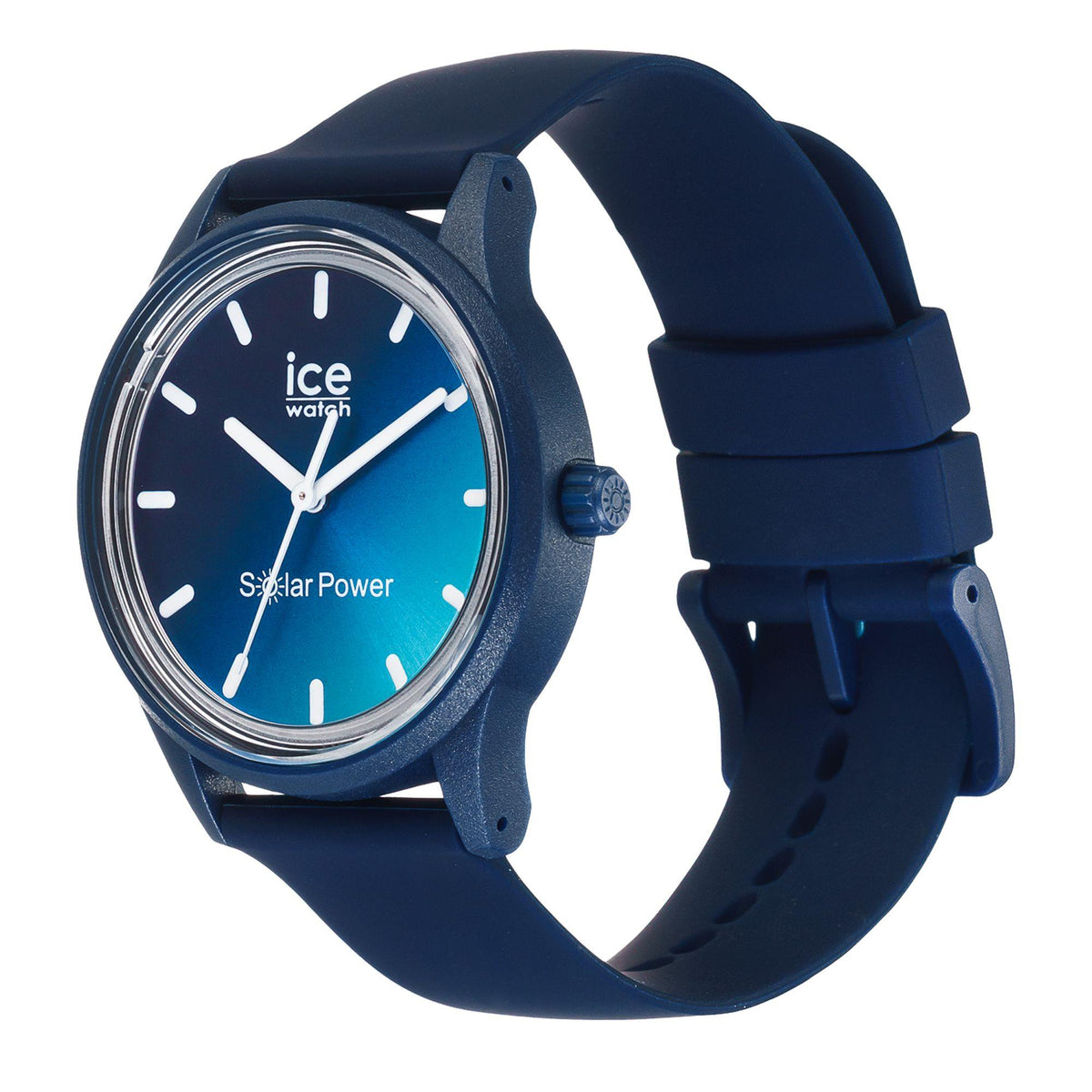 Blue solar power wristwatch, angled view with silicone strap and side crown