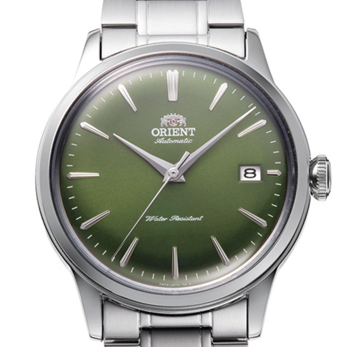 Orient Bambino RA-AC0M09E30B mens steel automatic watch with green dial, stick markers, and date window 