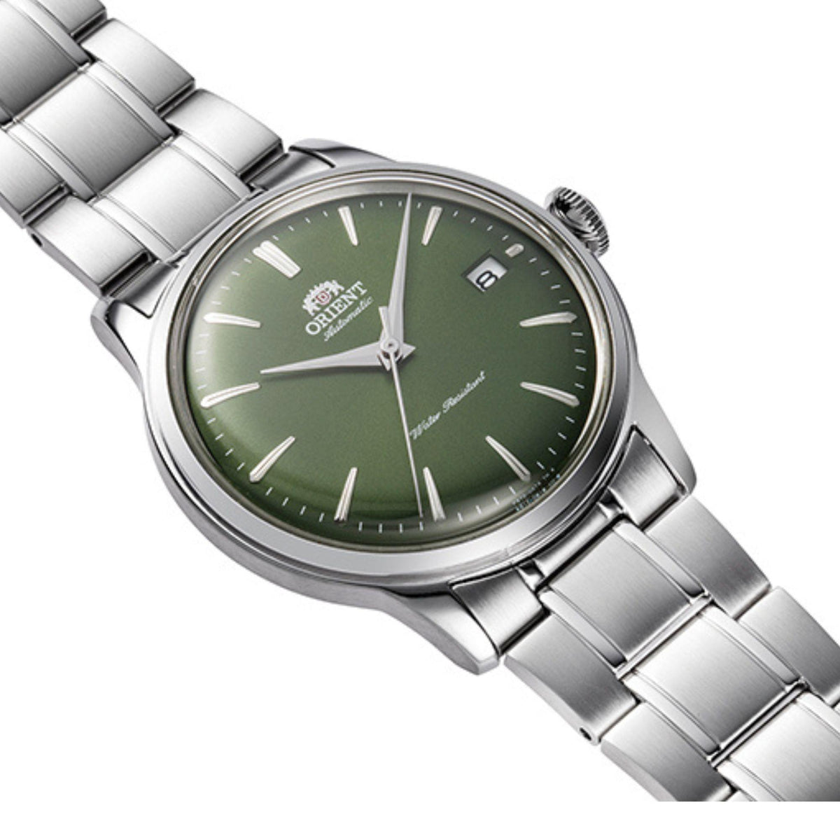 Orient Bambino mens steel automatic watch RA-AC0M09E30B, angled view of green dial with date window