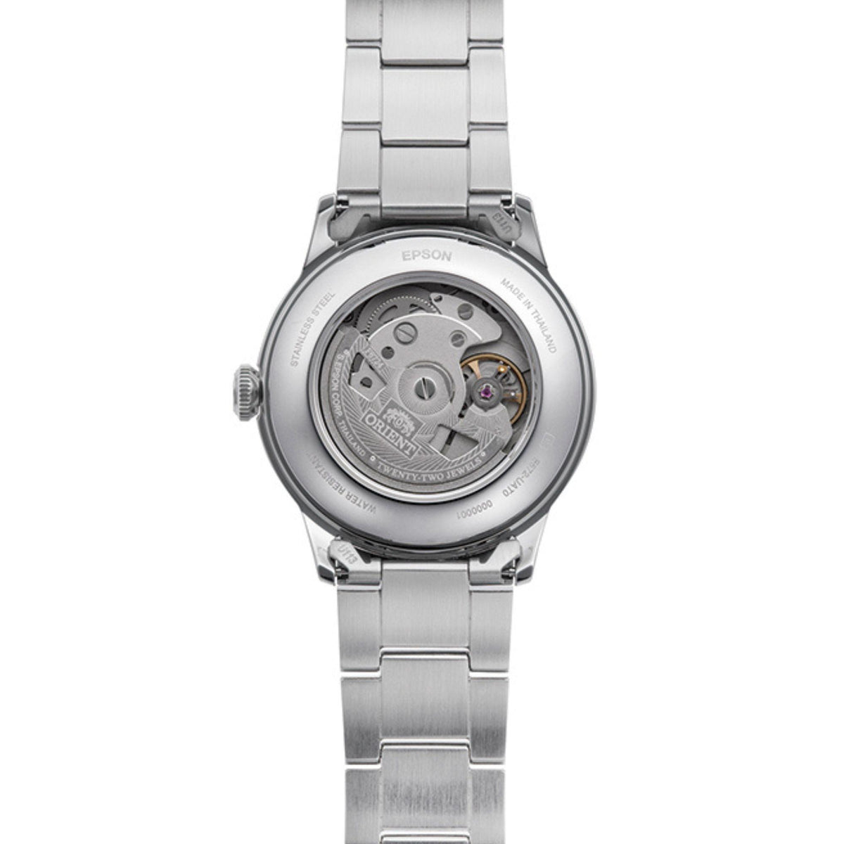 Stainless steel watch caseback with visible mechanical movement through a clear window