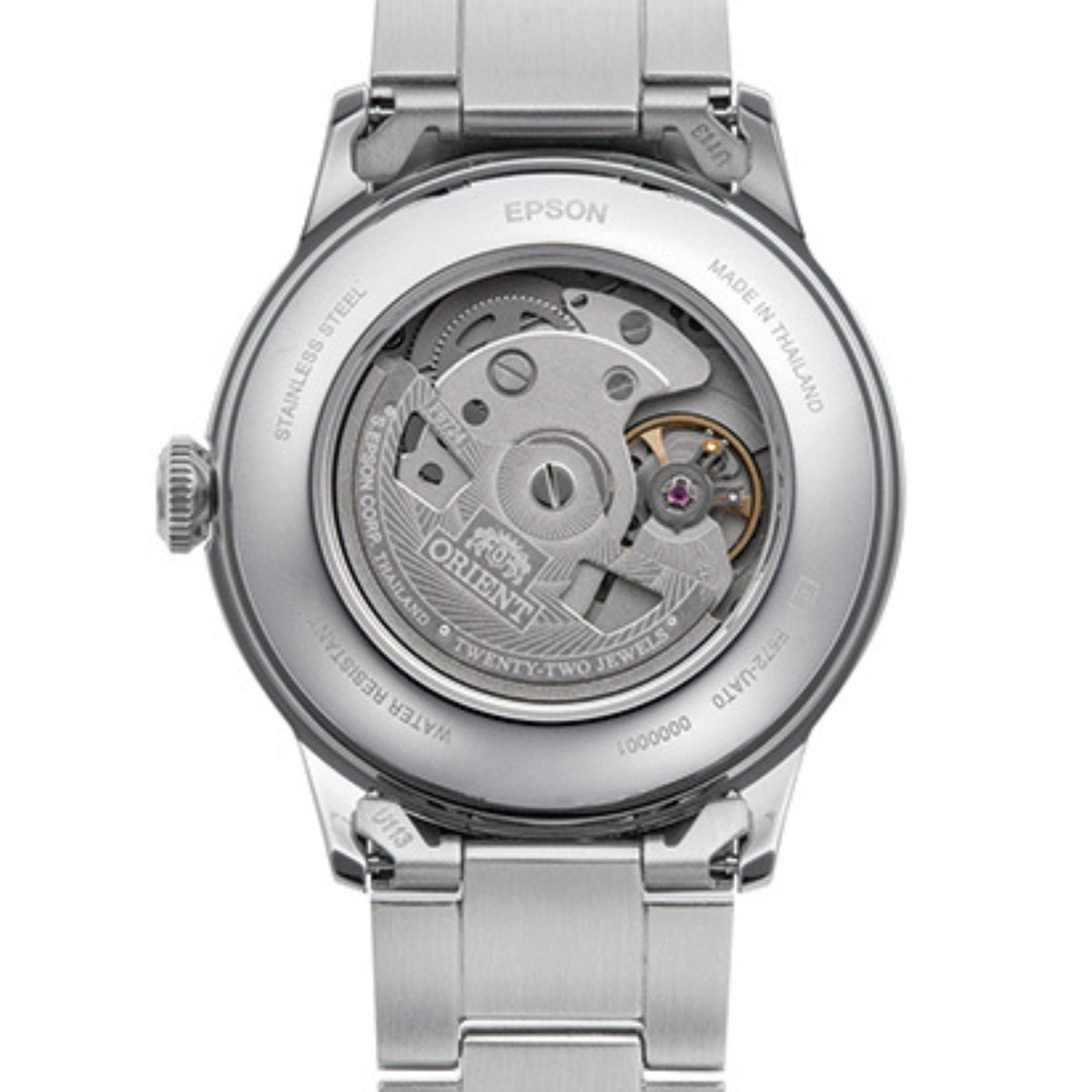Orient Bambino RA-AC0M09E30B watch's stainless steel caseback close-up with engraved details over automatic movement