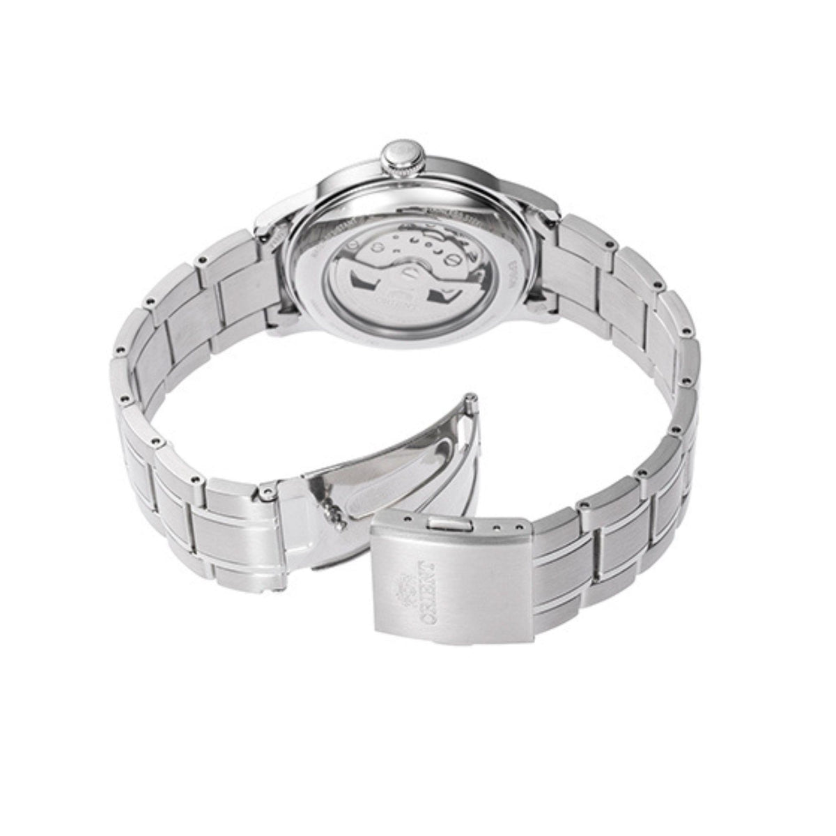 Orient Bambino RA-AC0M11Y30B steel strap with deployment folding clasp and open case back display